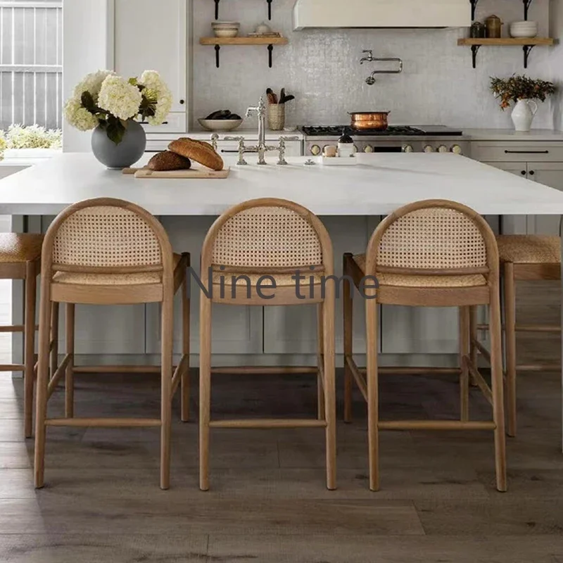 Commercial Kitchen And Bar - Masif Ahşap Rattan Mutfak Bar Sandalyesi